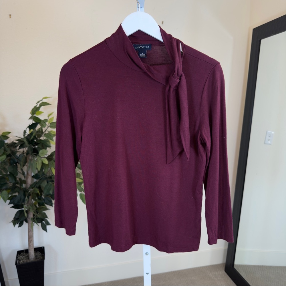 Ann Taylor Maroon Tie Neck Long Sleeve Blouse Top M